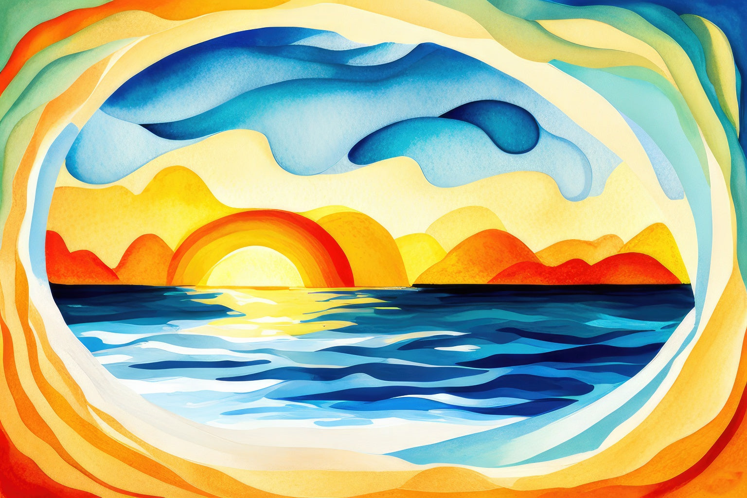 Abstract Sun Over Blue Watercolor Ocean Waves Painting II Art Print