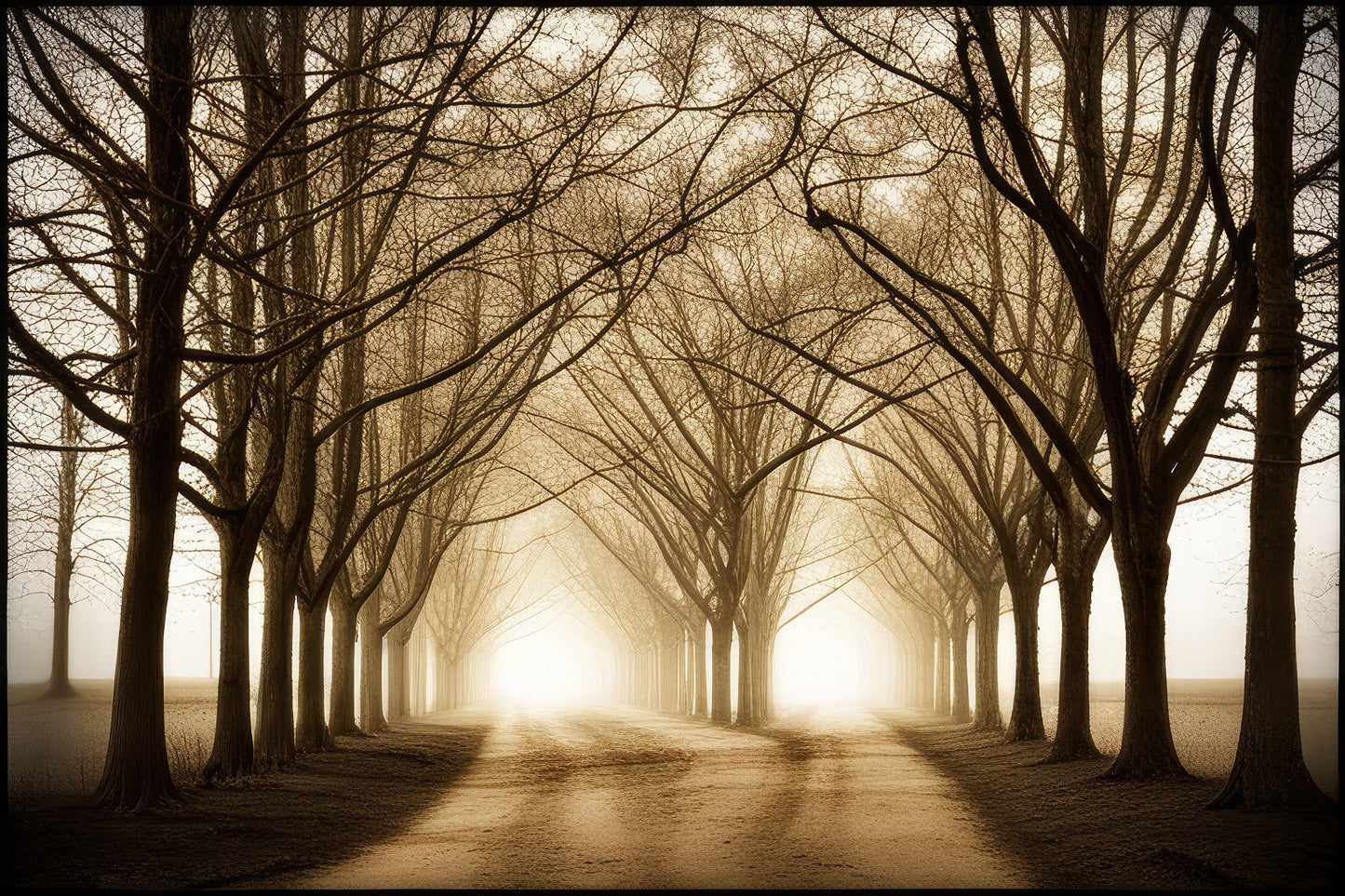 Path Through Alley of Oak Trees Sepia Photograph Art Print