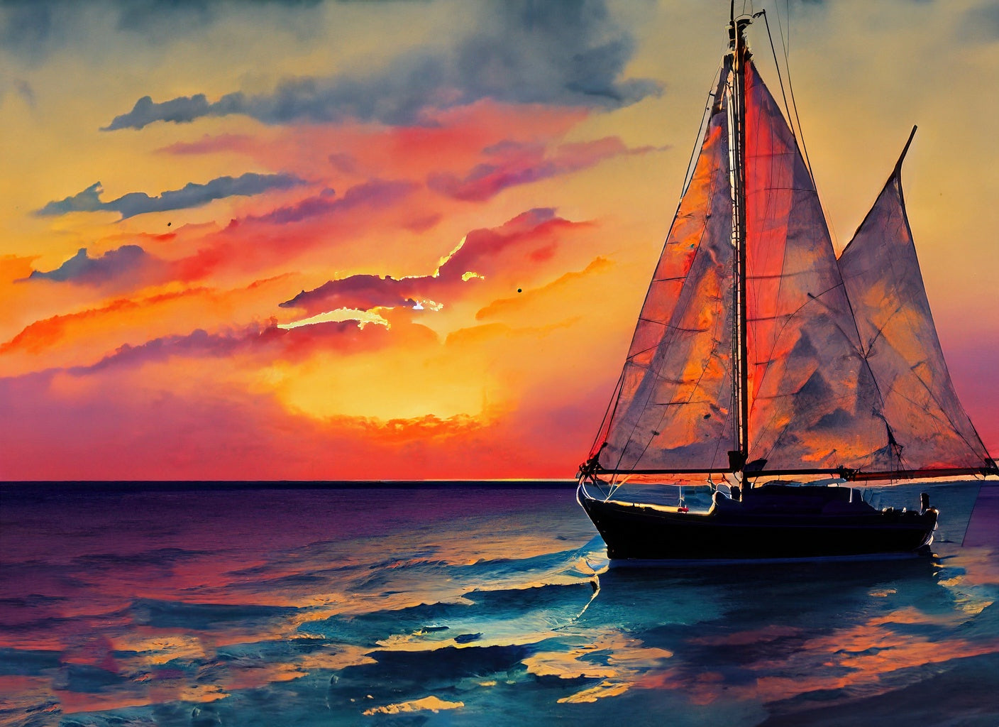 Sailboat at Sunset Digital Painting Art Print