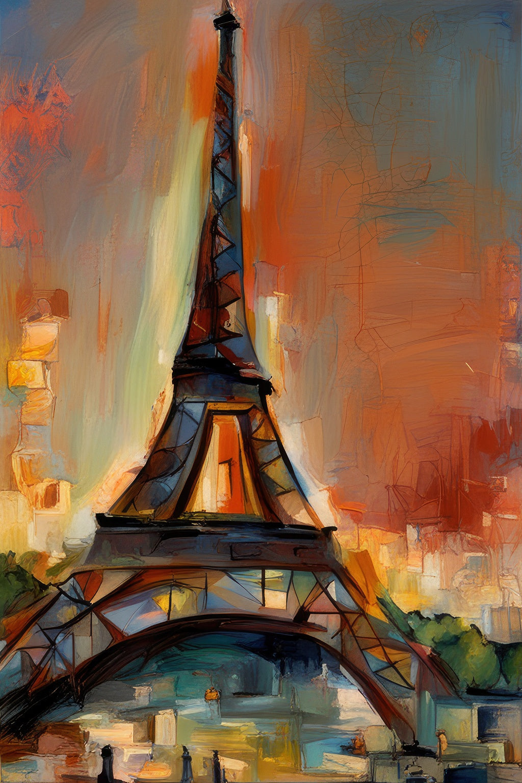 Eiffel Tower in The Evening Abstract Oil Painting Art Print
