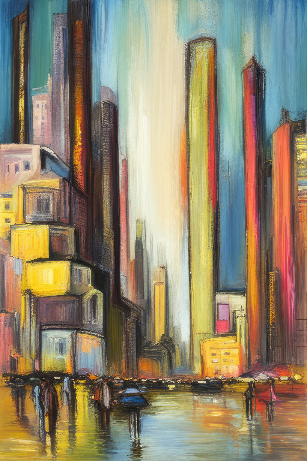 Neon Lit Abstract Cityscape Acrylic Painting Art Print