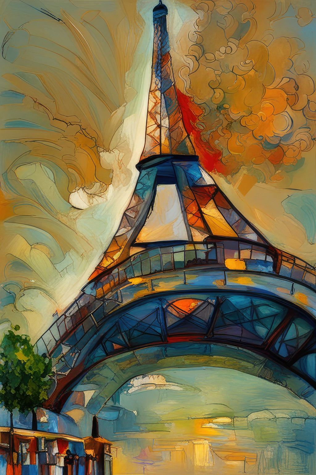 Street View of The Eiffel Tower Oil Painting Art Print