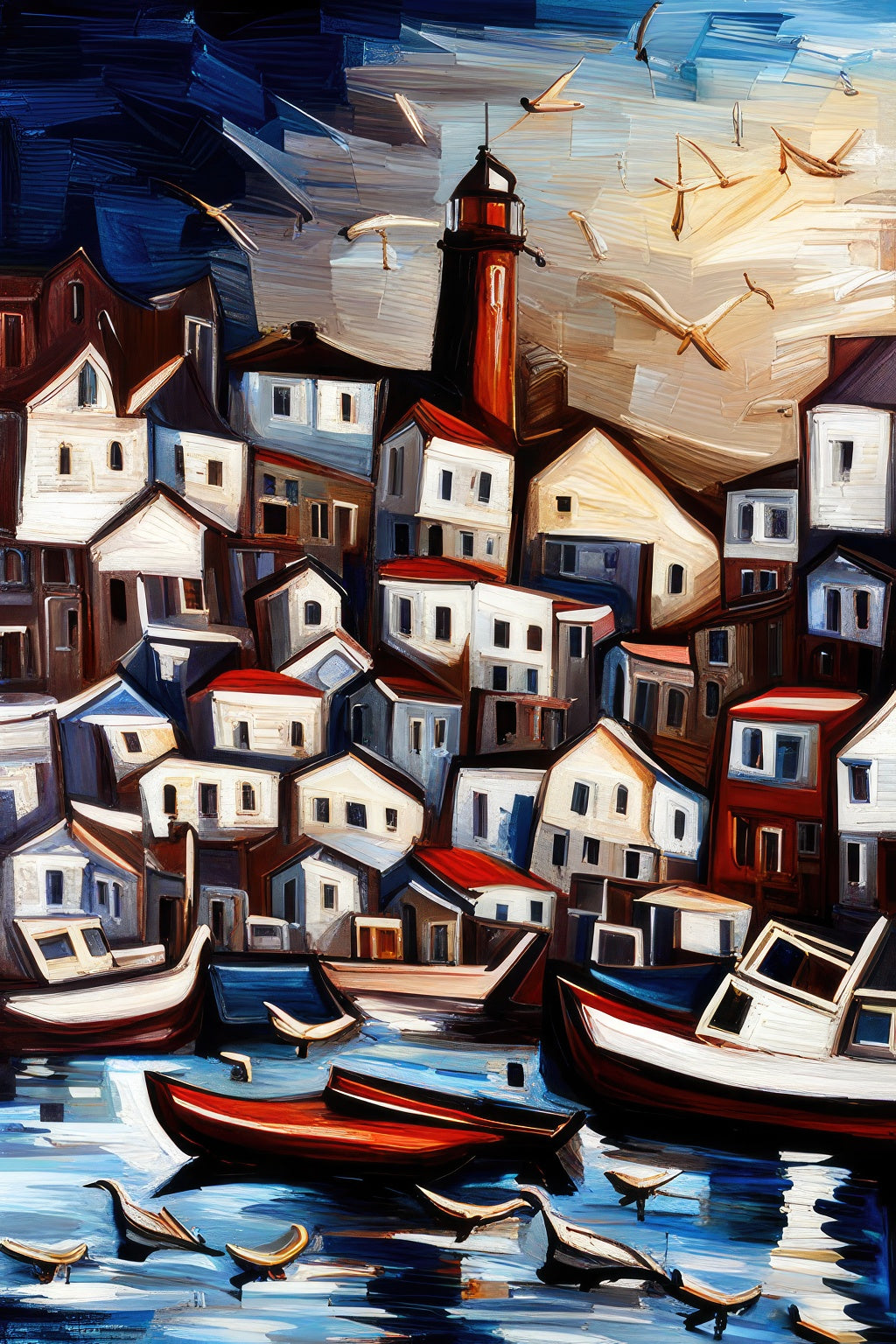 Docked Boats in The Harbor Abstract Oil Painting Art Print