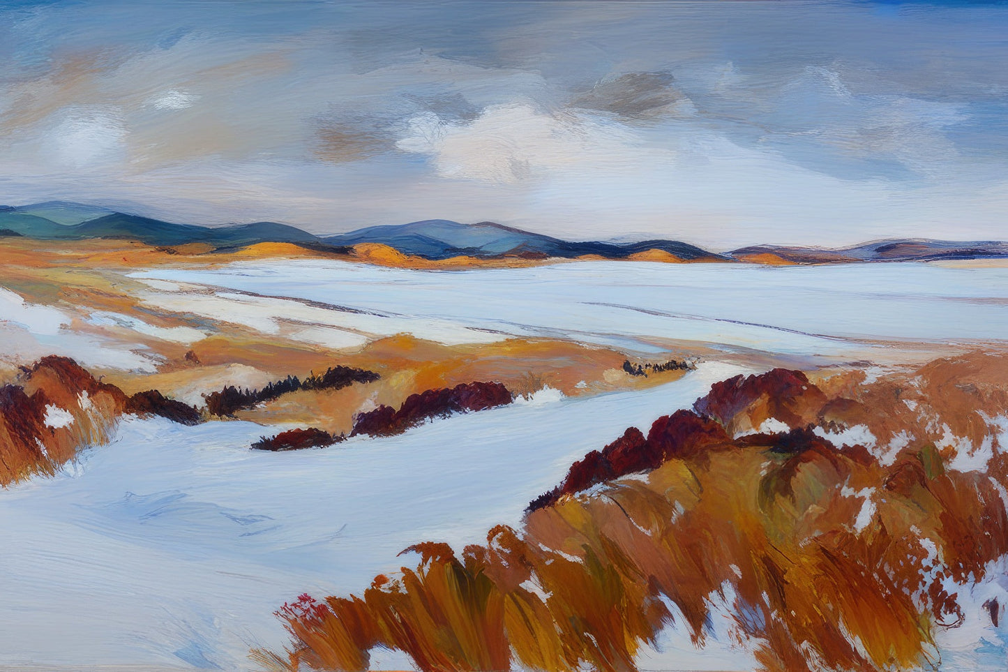 Snowy Field and Hills Oil Painting Art Print
