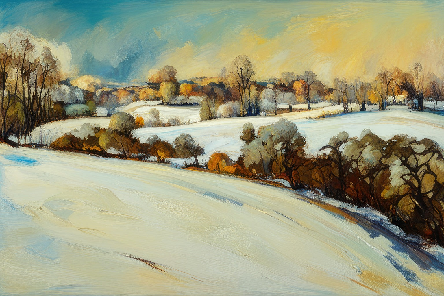 Trees in The Snow Covered Field Oil Painting Art Print