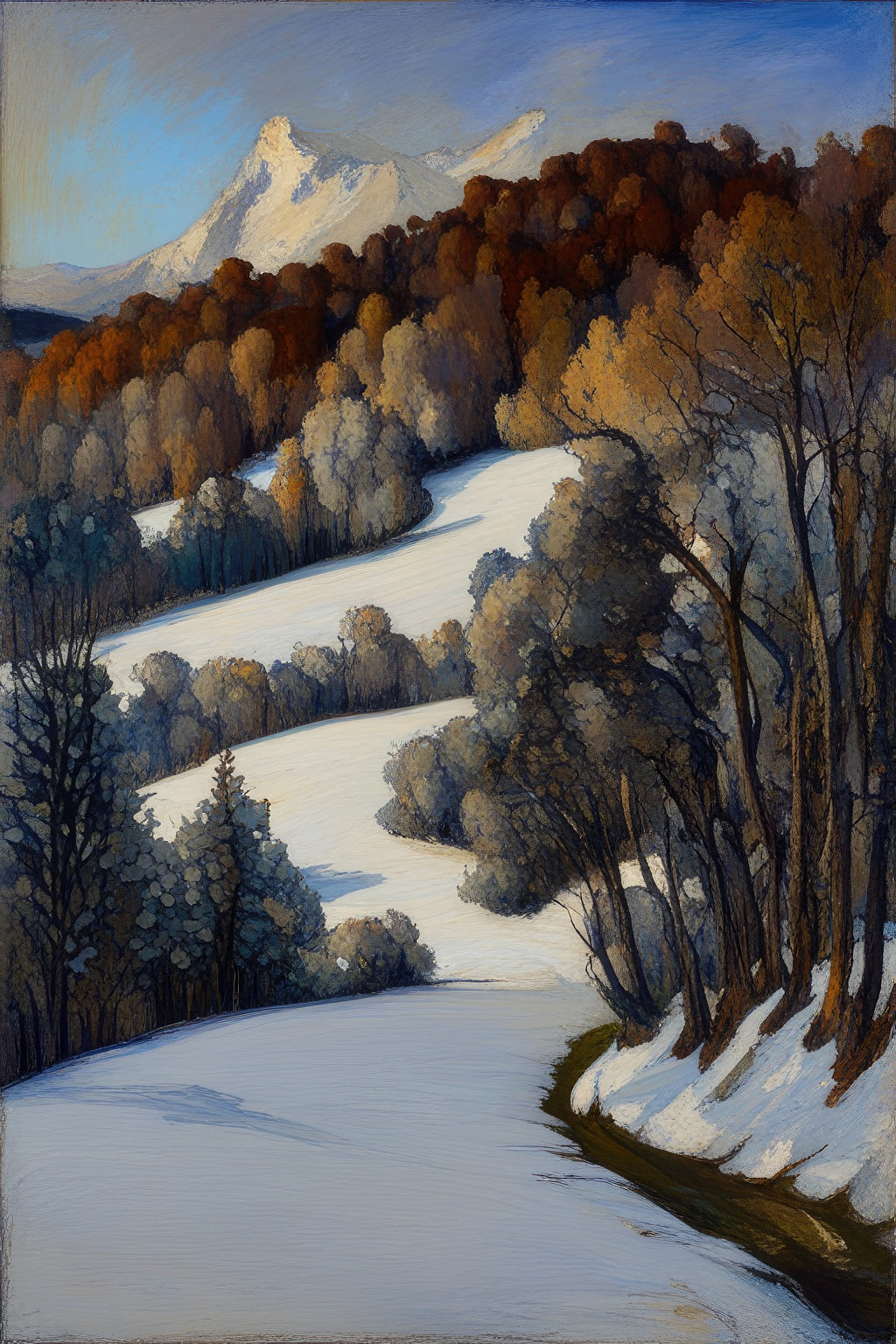 Snow Covered Forest Landscape with Mountains Painting Art Print