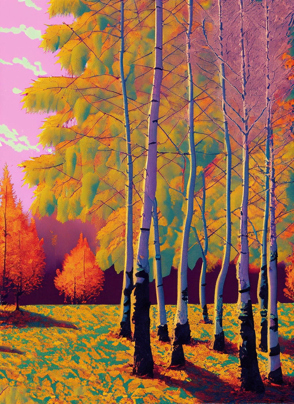 Vaporwave Birch Trees Digital Illustration Art Print