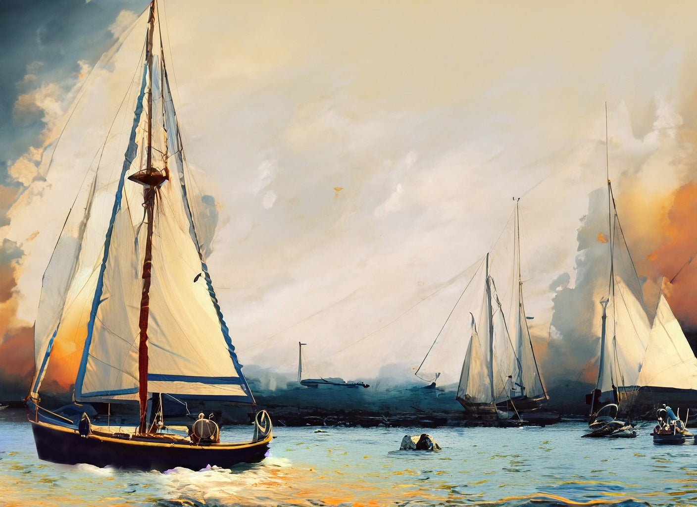 Saillboats in A Stormy Harbor Painting I Art Print