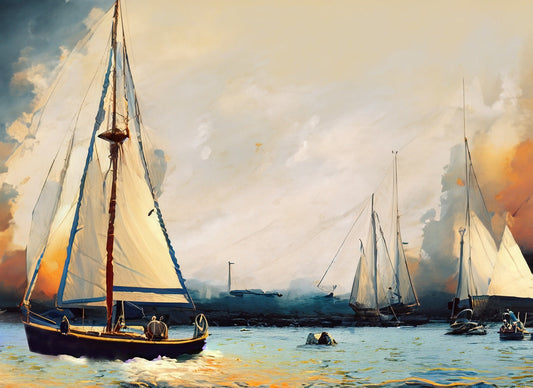 Saillboats in A Stormy Harbor Painting I Art Print
