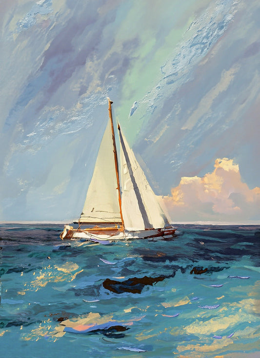 Sailboat in Rough Seas Oil Painting Art Print