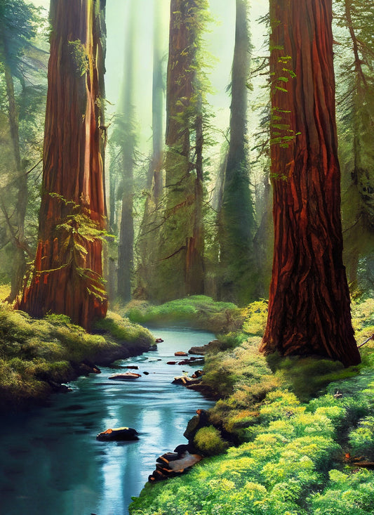 Stream Through The Redwoods Digital Illustration I Art Print
