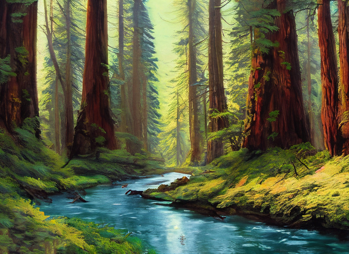 Stream Through The Redwoods Digital Illustration II Art Print