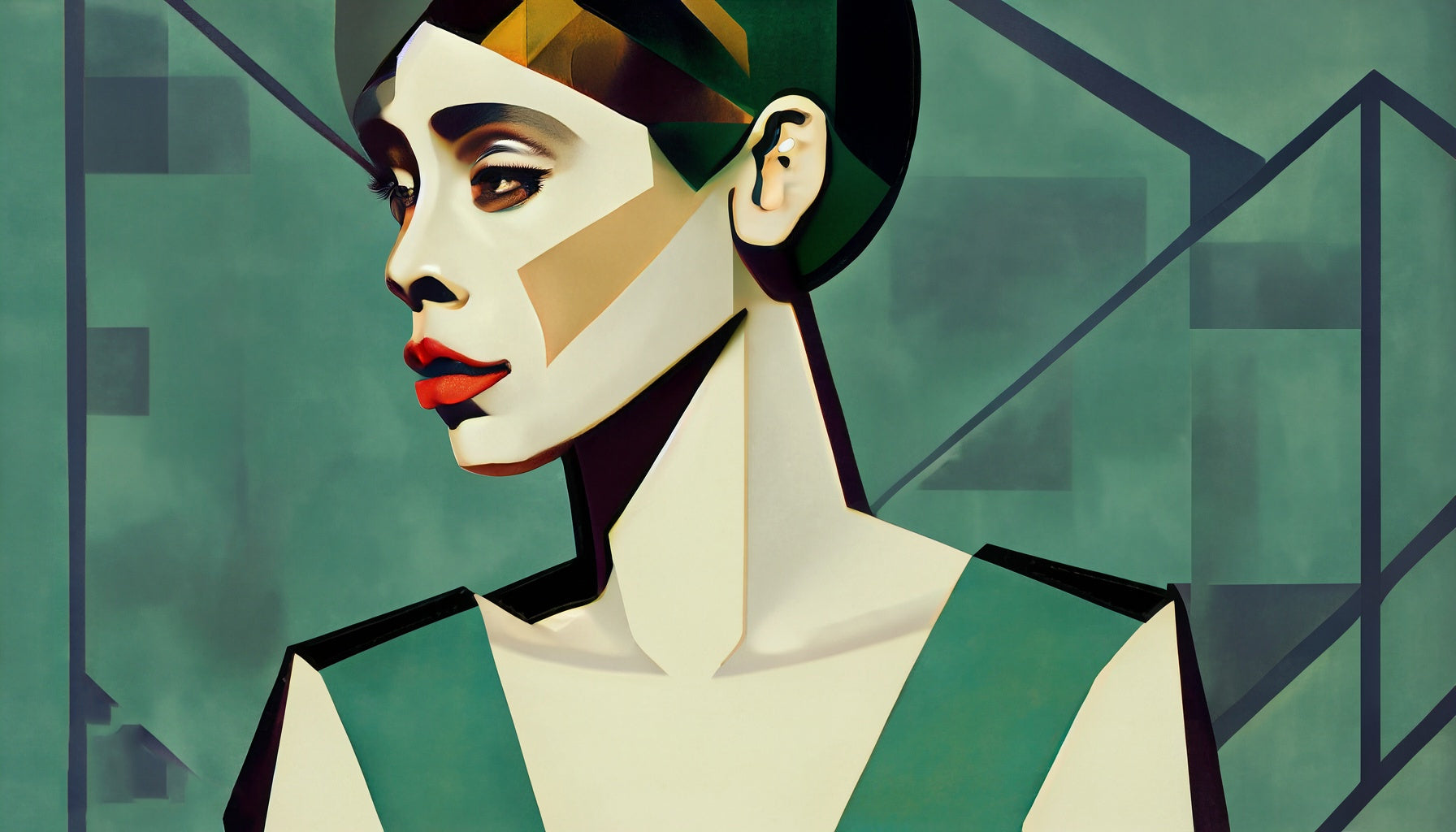 Cubist Woman in Green Art Deco Painting I Art Print