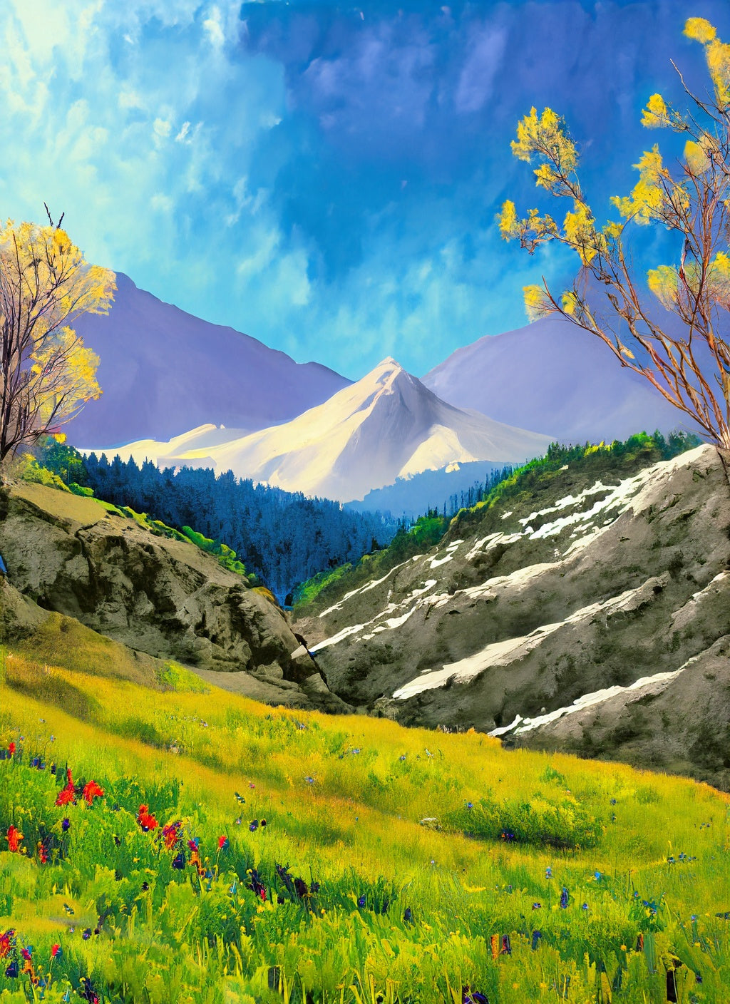 Grassy Glen in The Mountains Digital Illustration Art Print