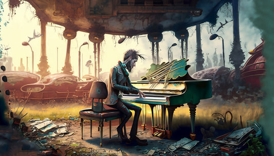 Steampunk Zombie Playing Piano in Abandonded Amusement Park Digital Painting Art Print