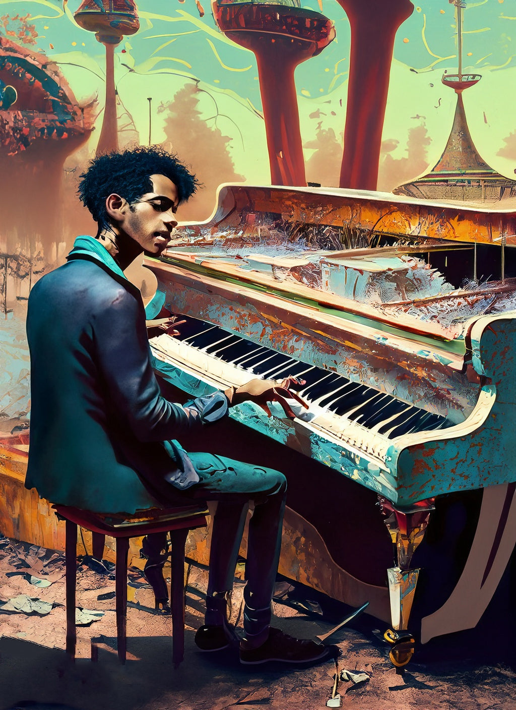 Man Playing Piano in Futuristic Cityscape Digital Illustration Art Print
