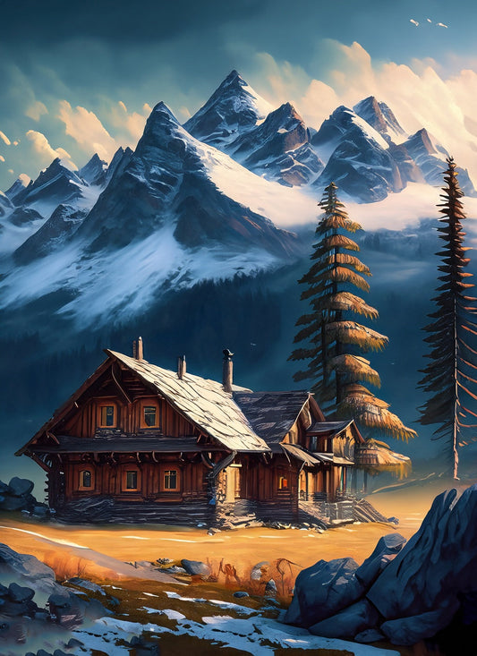 Log Cabin in The Snowy Mountians Art Print