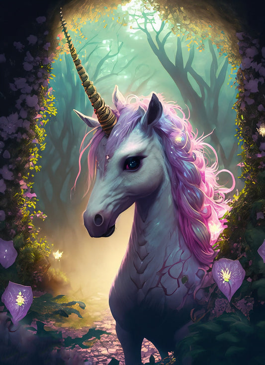Close Up Unicorn in A Magical Grove Fantasy Painting Art Print