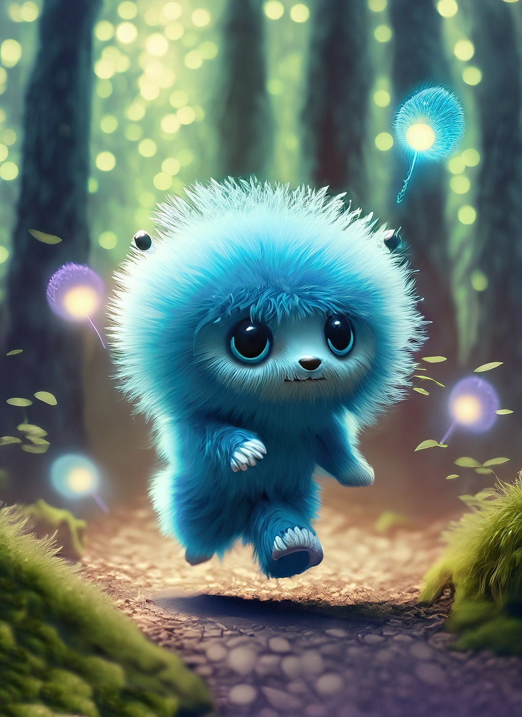 Fluffy Blue Cute Animal Running in A Magical Forest Digital Painting Art Print