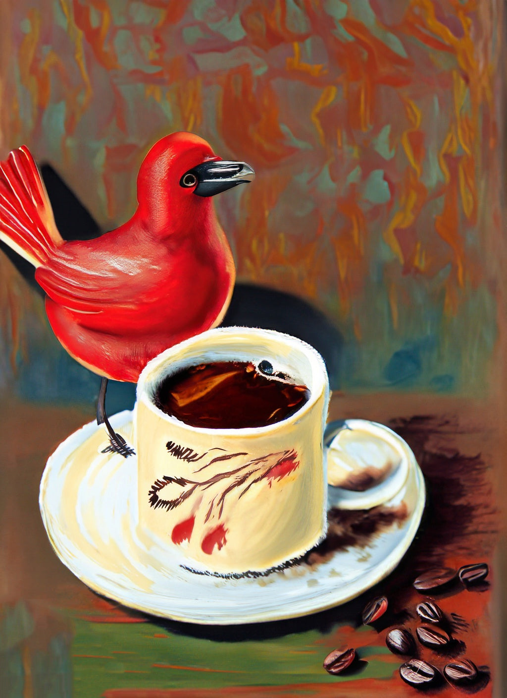 Red Bird and A Cup of Coffee Oil Painting Art Print