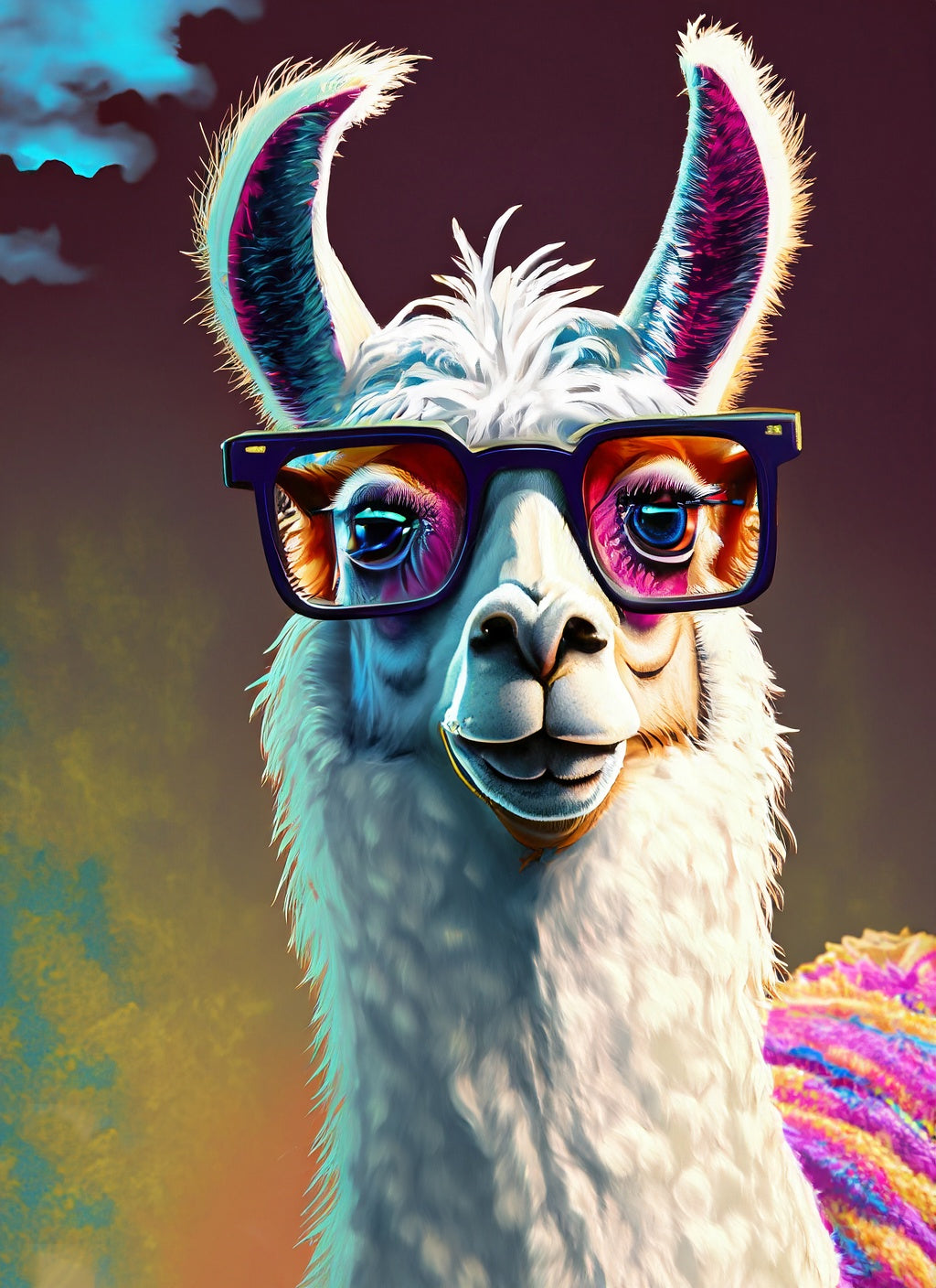 Llama with Multi Colored Glasses Digital Illustration I Art Print