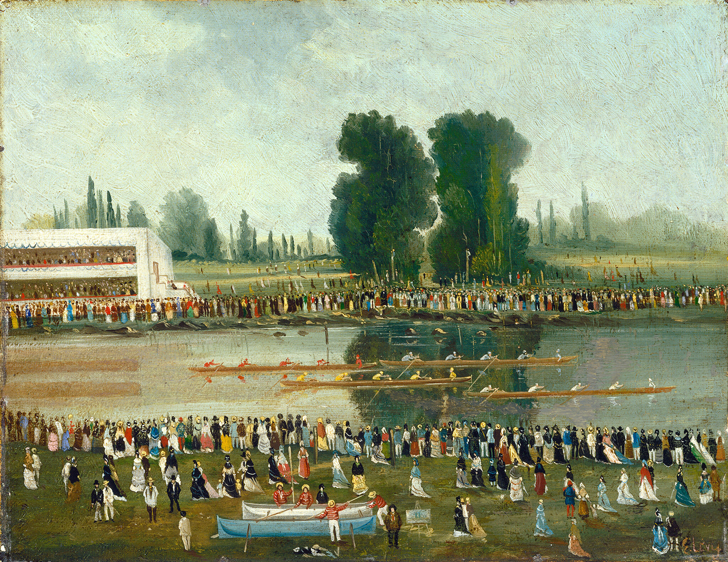 Rowing Scene: Crowds Watching from the River Banks by E. Levy Art Print