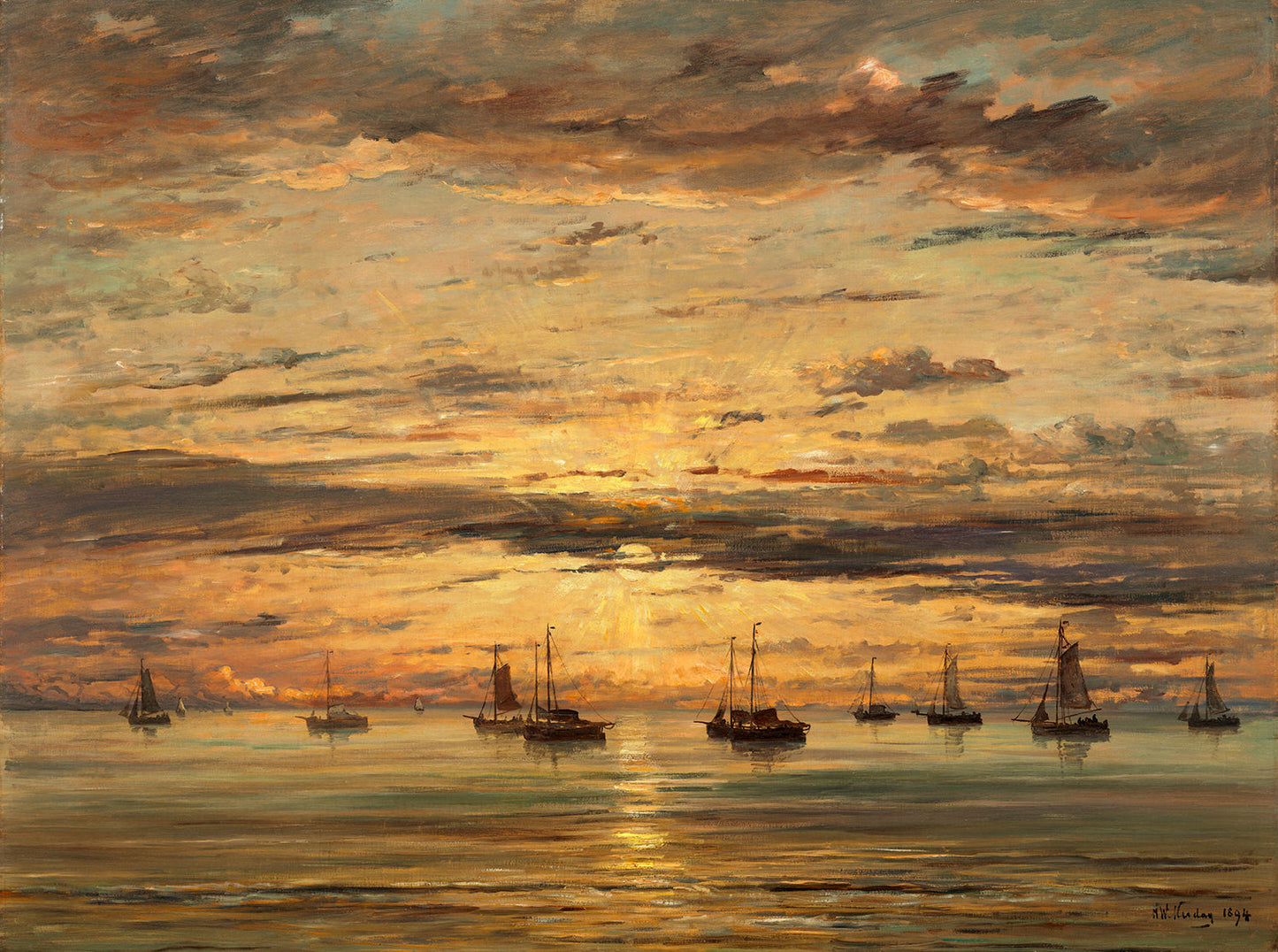 Sunset at Scheveningen: A Fleet of Fishing Vessels at Anchor by Hendrik Willem Mesdag Art Print