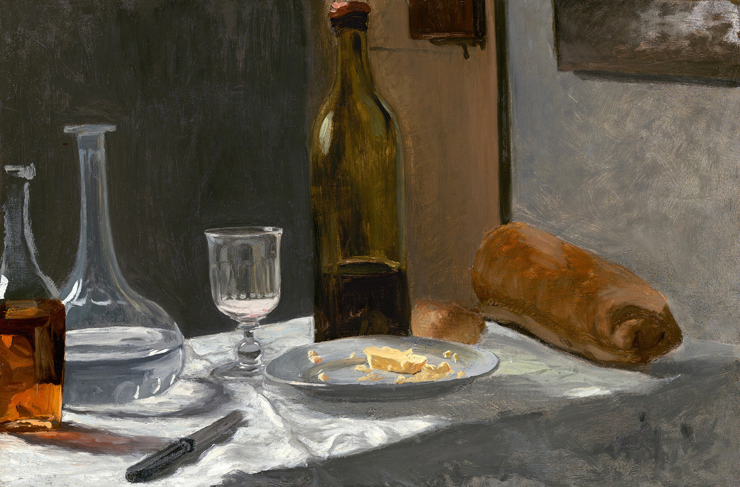 Still Life with Bottle, Carafe, Bread, and Wine by Claude Monet Art Print