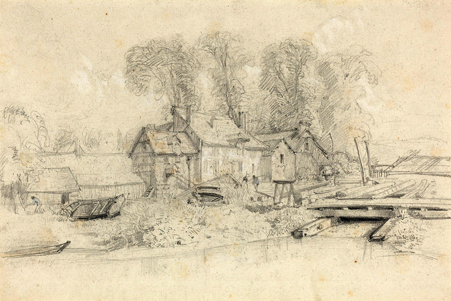 River Landscape with Buildings, Boats, and Figures by Eugene Boudin Art Print