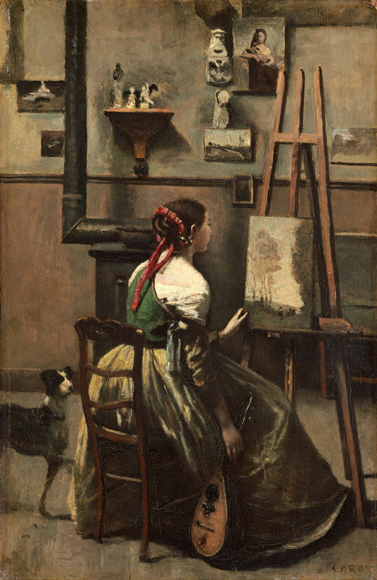 Corot's Studio: Woman Seated Before an Easel, a Mandolin in her Hand by Jean-Baptiste-Camille Corot Art Print