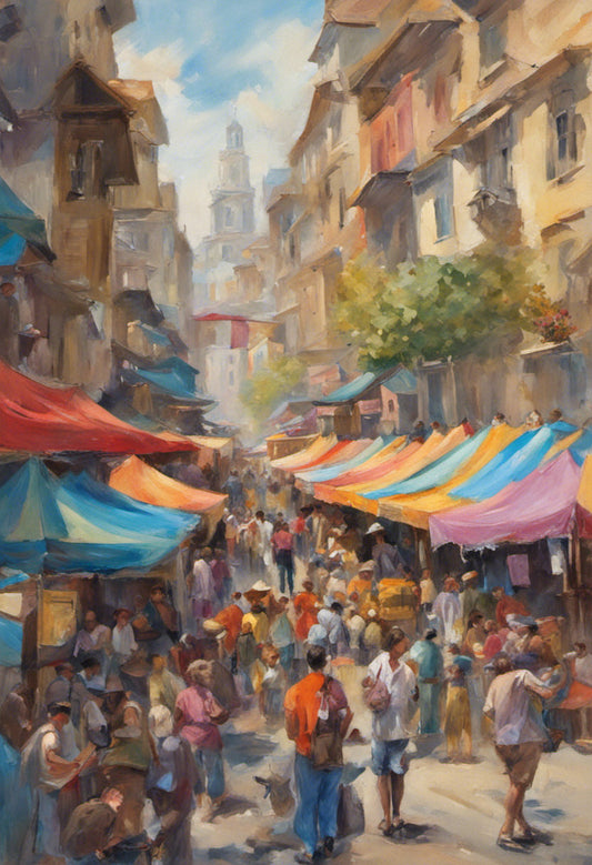 Crowded Market in Barcelona Acrylic Painting Art Print