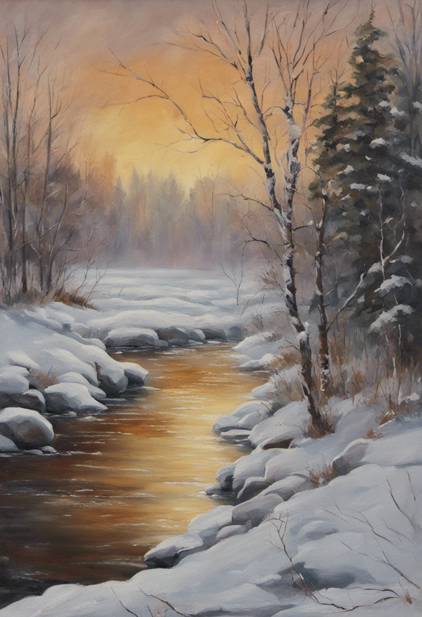 Sunset Along a Snowy Stream Painting Art Print