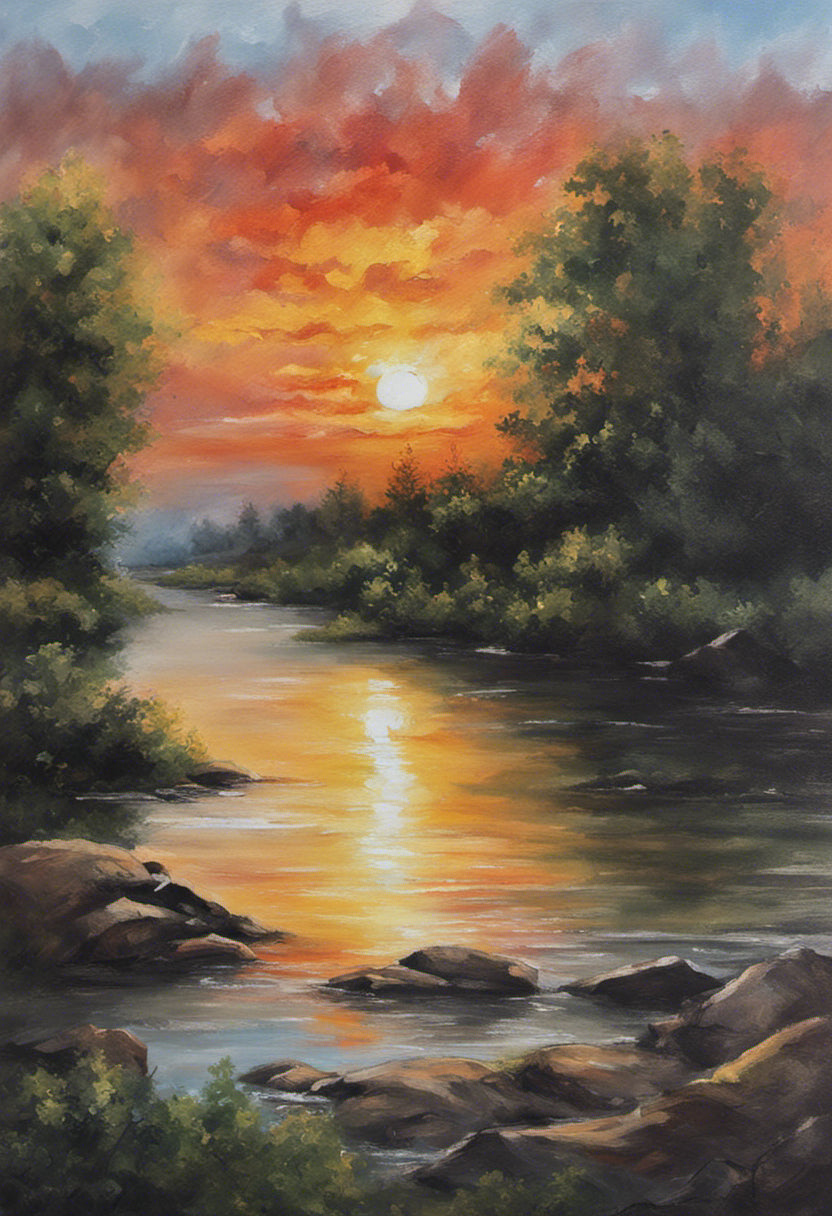 A Stream at Sunset Oil Painting I Art Print