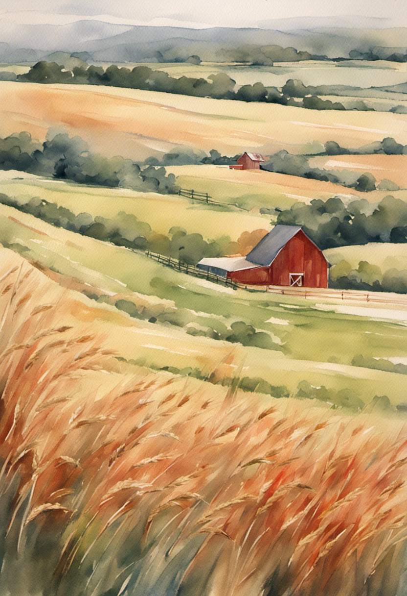 Red Barn on The Prairie Watercolor Painting Art Print