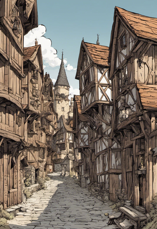 Medieval Village Digital Fantasy Illustration Art Print