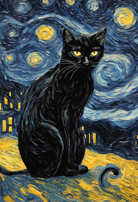 Black Cat on A Starry Night Painting Art Print