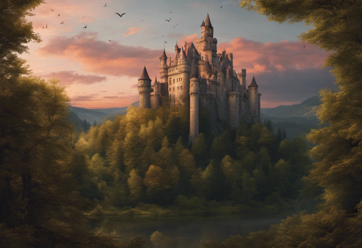 Castle in A Forest at Sunset Matte Painting Art Print