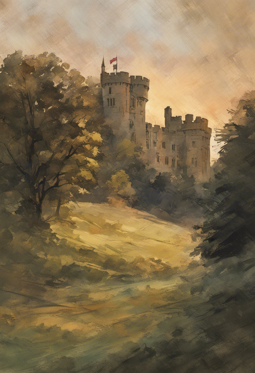 Warwick Castle in A Forest at Sunset Rough Brushstrokes Art Print