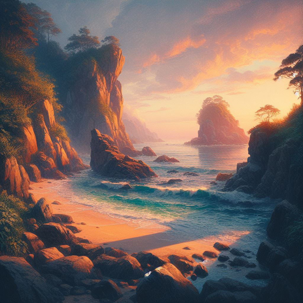 Cove Near The Ocean at Sunset Digital Painting Art Print