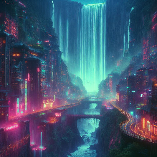 Cyberpunk Waterfall Digital Matte Painting II Art Print