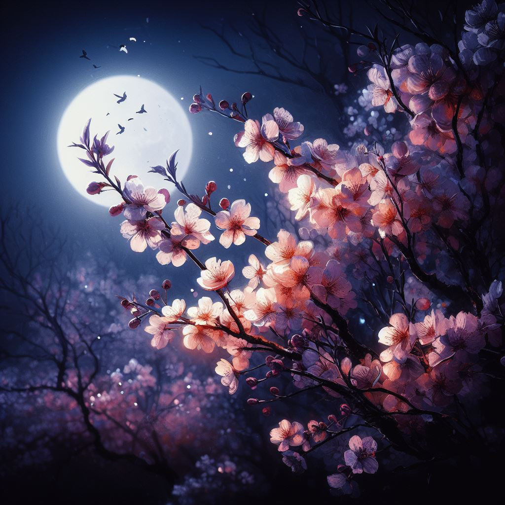 Cherry Blossoms in The Moonlight Digital Painting II Art Print