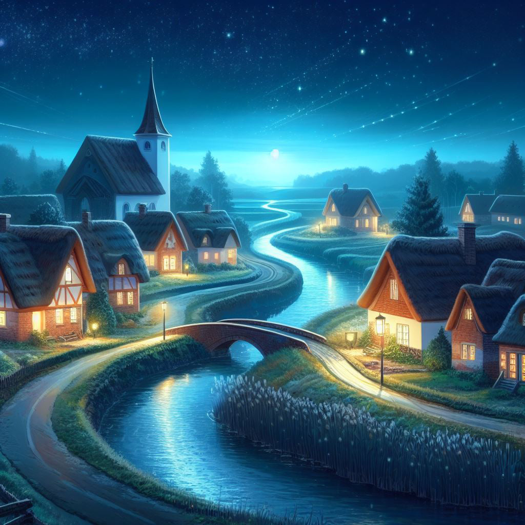 Village at Night Digital Painting Art Print