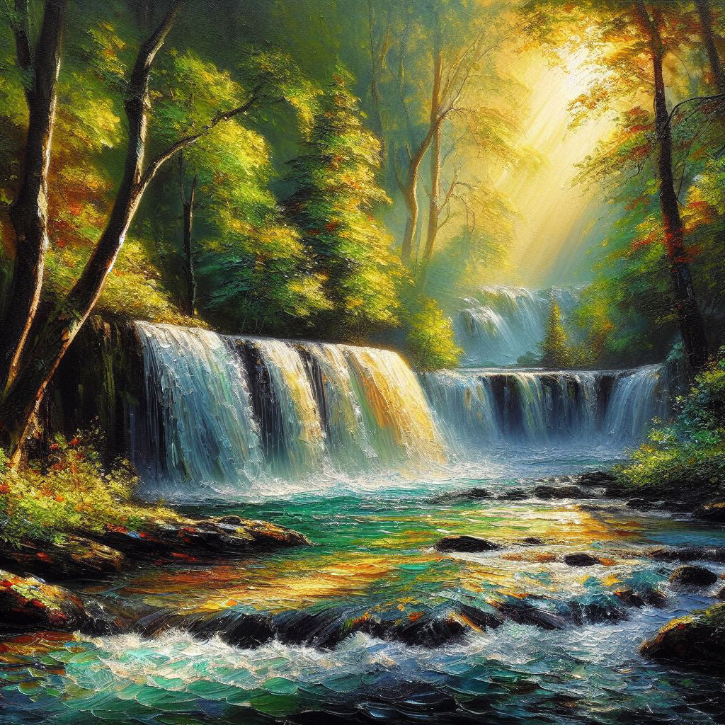 Rainbow Forest Waterfall Oil Painting Art Print