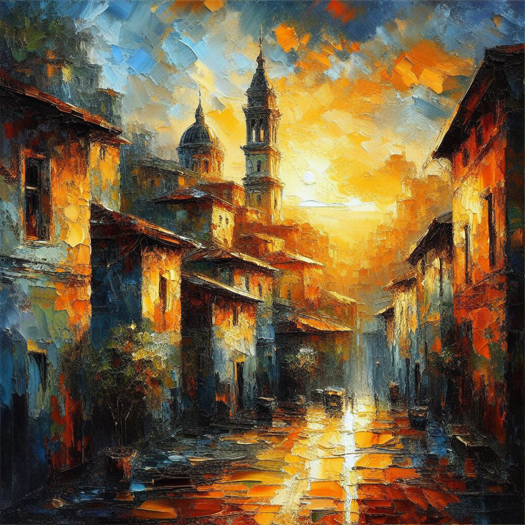 Old City at Sunset Oil Painting Art Print