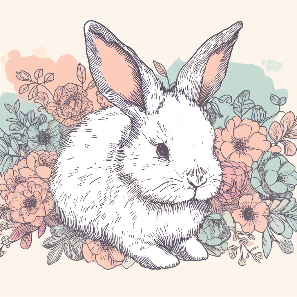 Cute Rabbit with Floral Background Pen Drawing Art Print