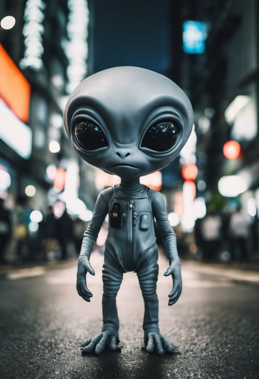Cute Alien Standing in The Street at Night Digital Painting Art Print