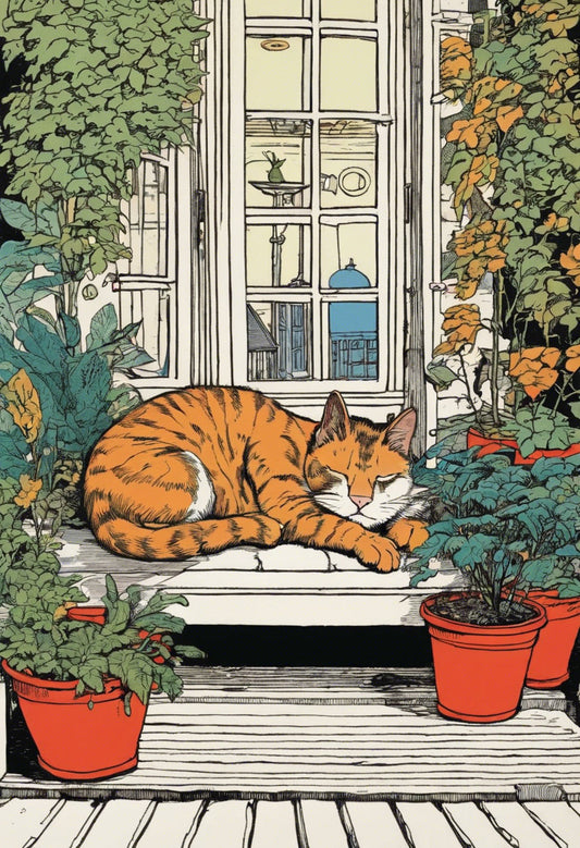 Cat Napping On A Porch Pen and Ink Illustration Art Print