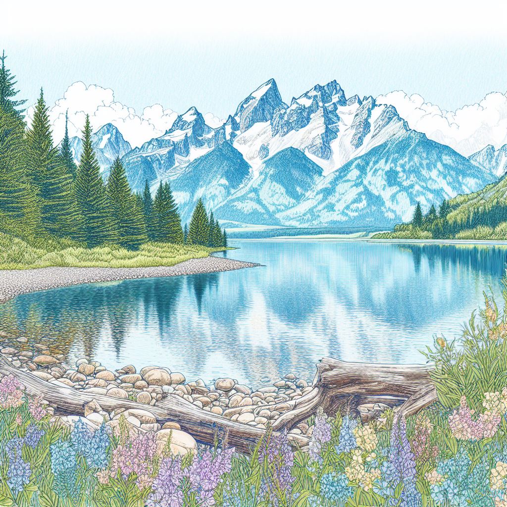 Jenny Lake at Grand Teton National Park Line Drawing II Art Print