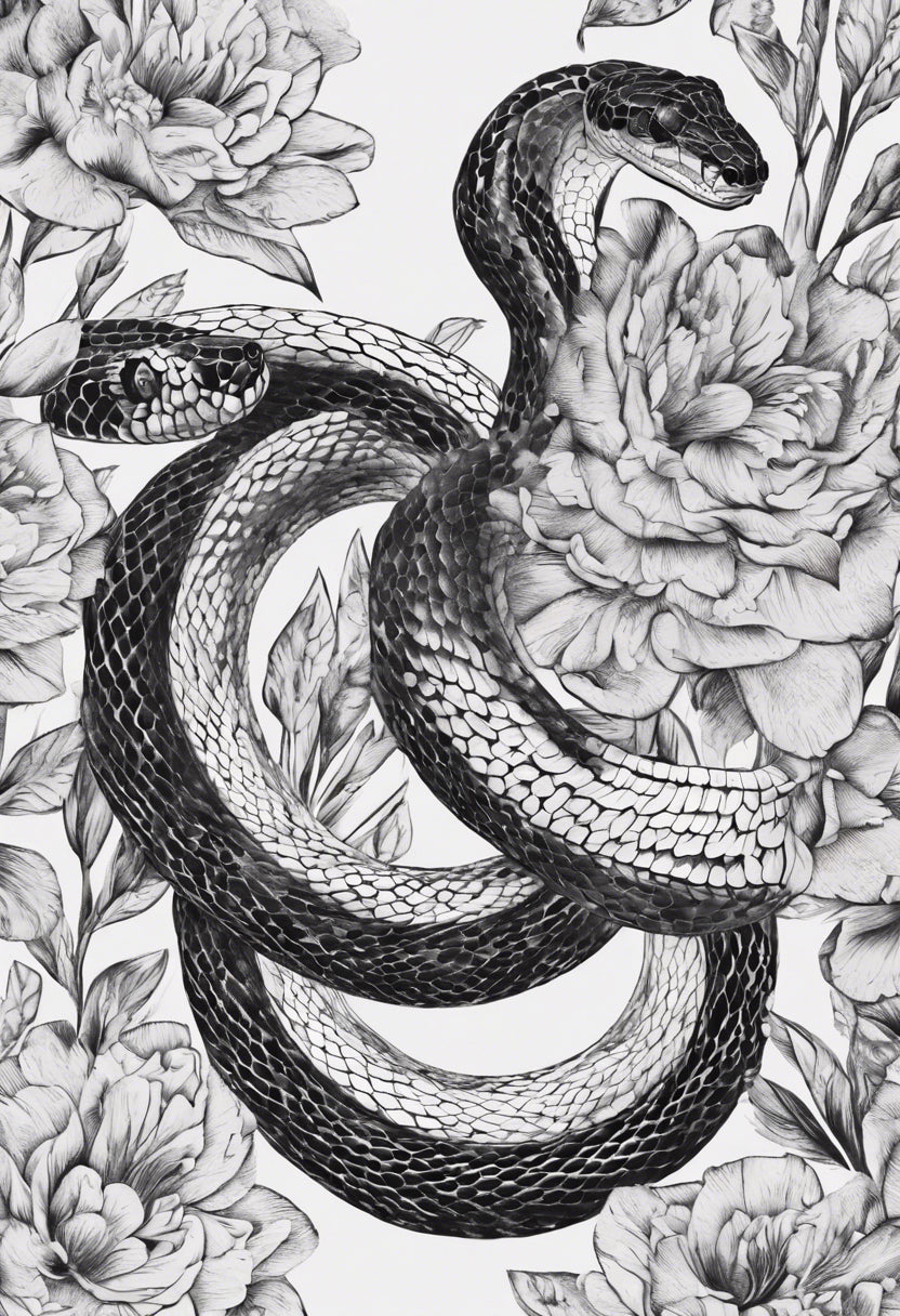 Snake Drawing with Floral Background Black and White Art Print