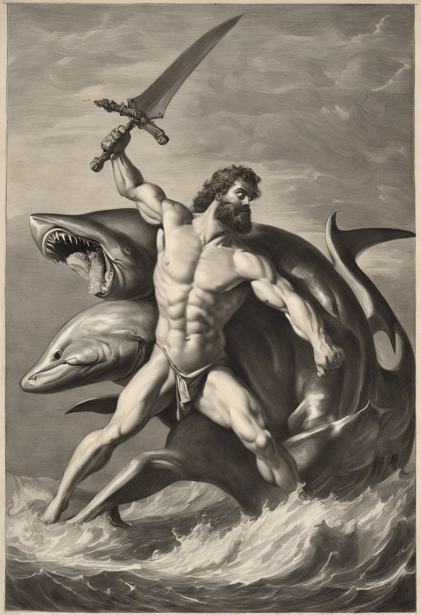 Hercules Fighting A Two Headed Shark Charcoal Drawing Art Print